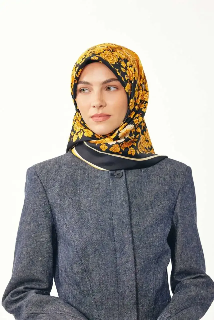 Tavuskuşu Desen %100 Twıll İpek/ Sarı Eşarp