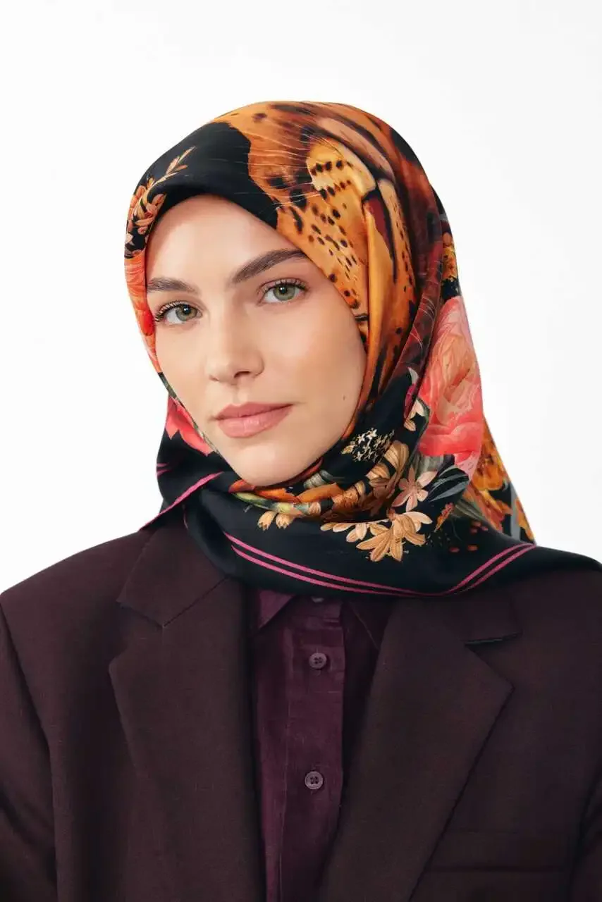 Leopar Desen %100 Twill İpek / Turuncu Eşarp