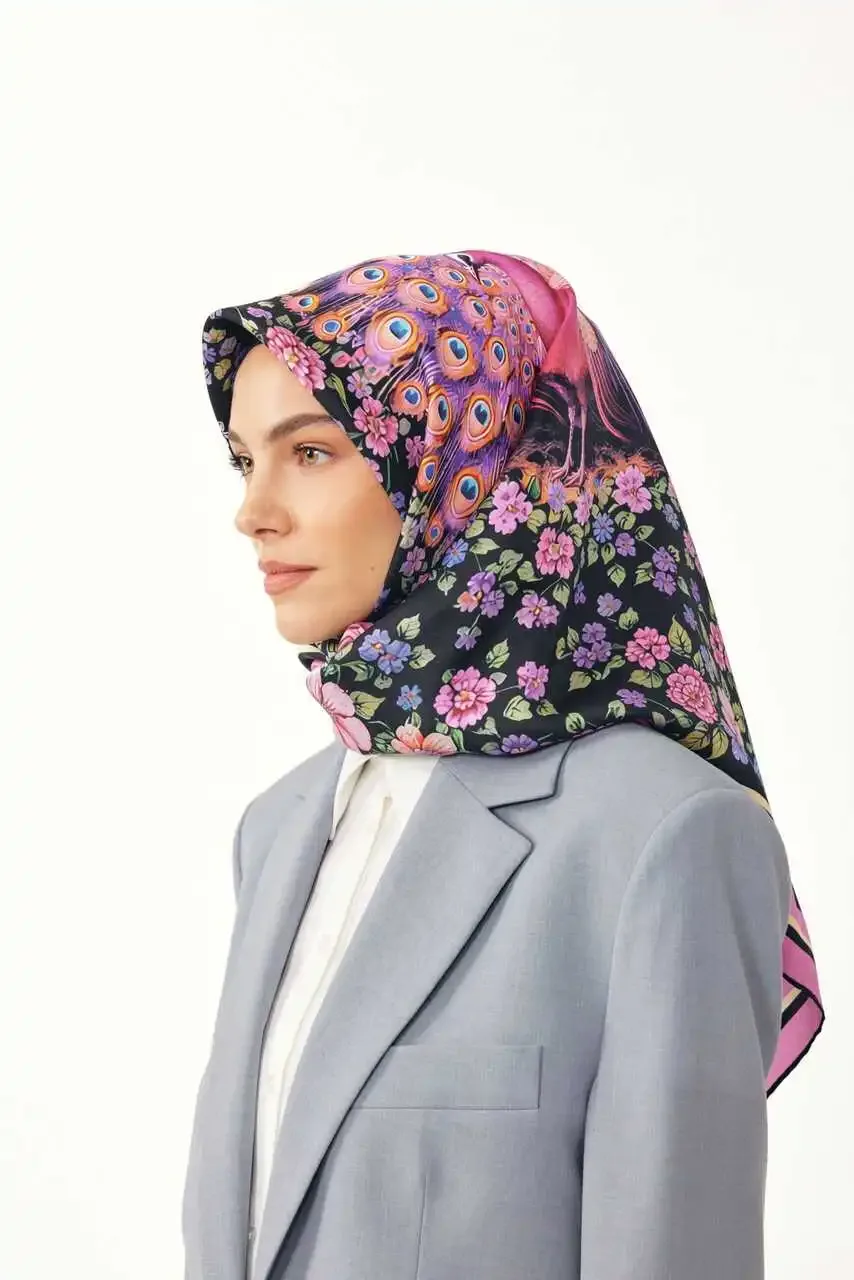 Tavuskuşu Desen  %100 Twill İpek / Pembe Eşarp