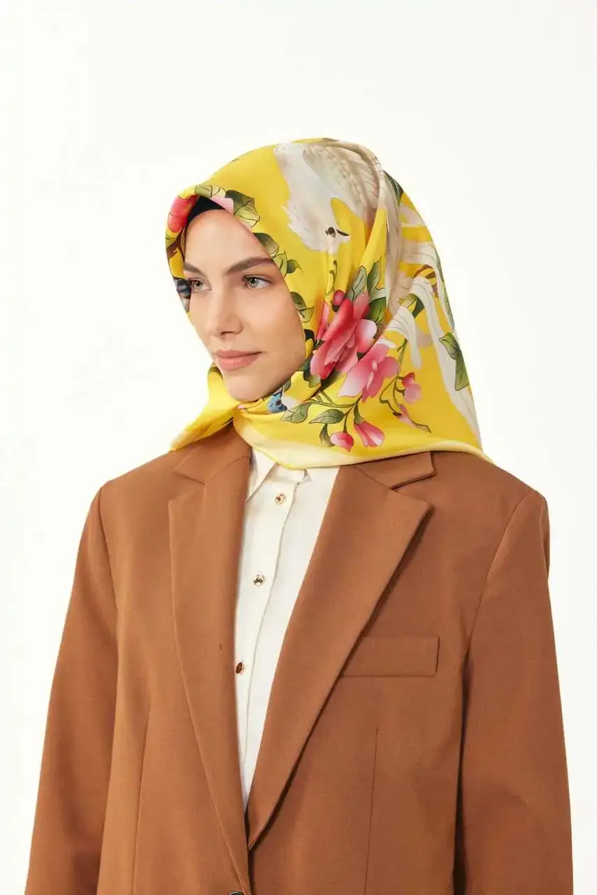 Kuşlar Desen %100 Twill İpek / Sarı Eşarp