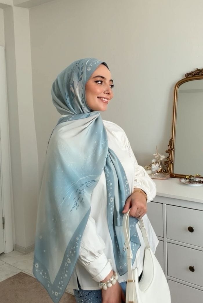 Gökyüzü Desen Krep İpek Şal